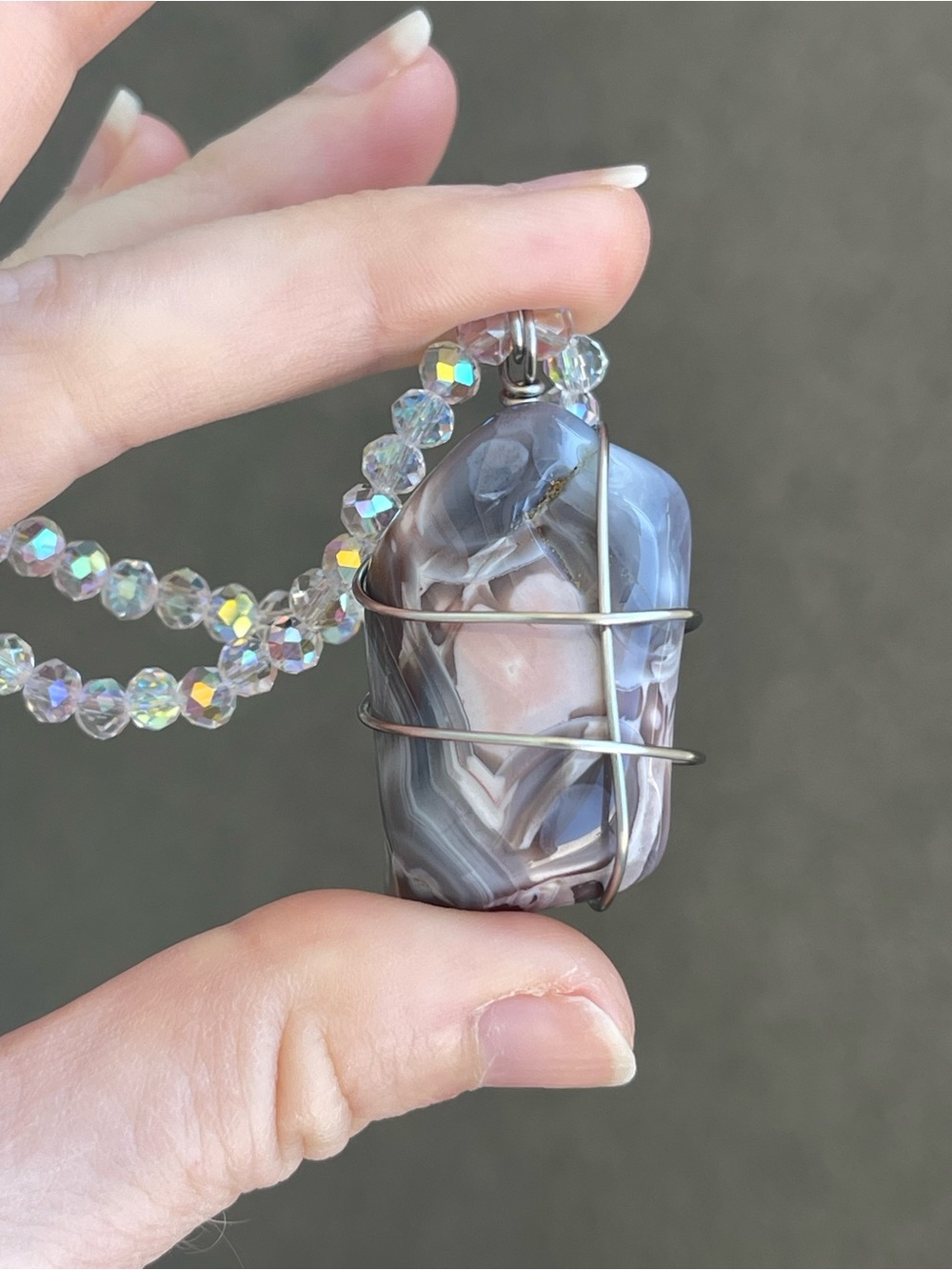 African Agate Necklace Stainless Steel Wire Wrap on White AB Glass Beads - Picture 3 of 5